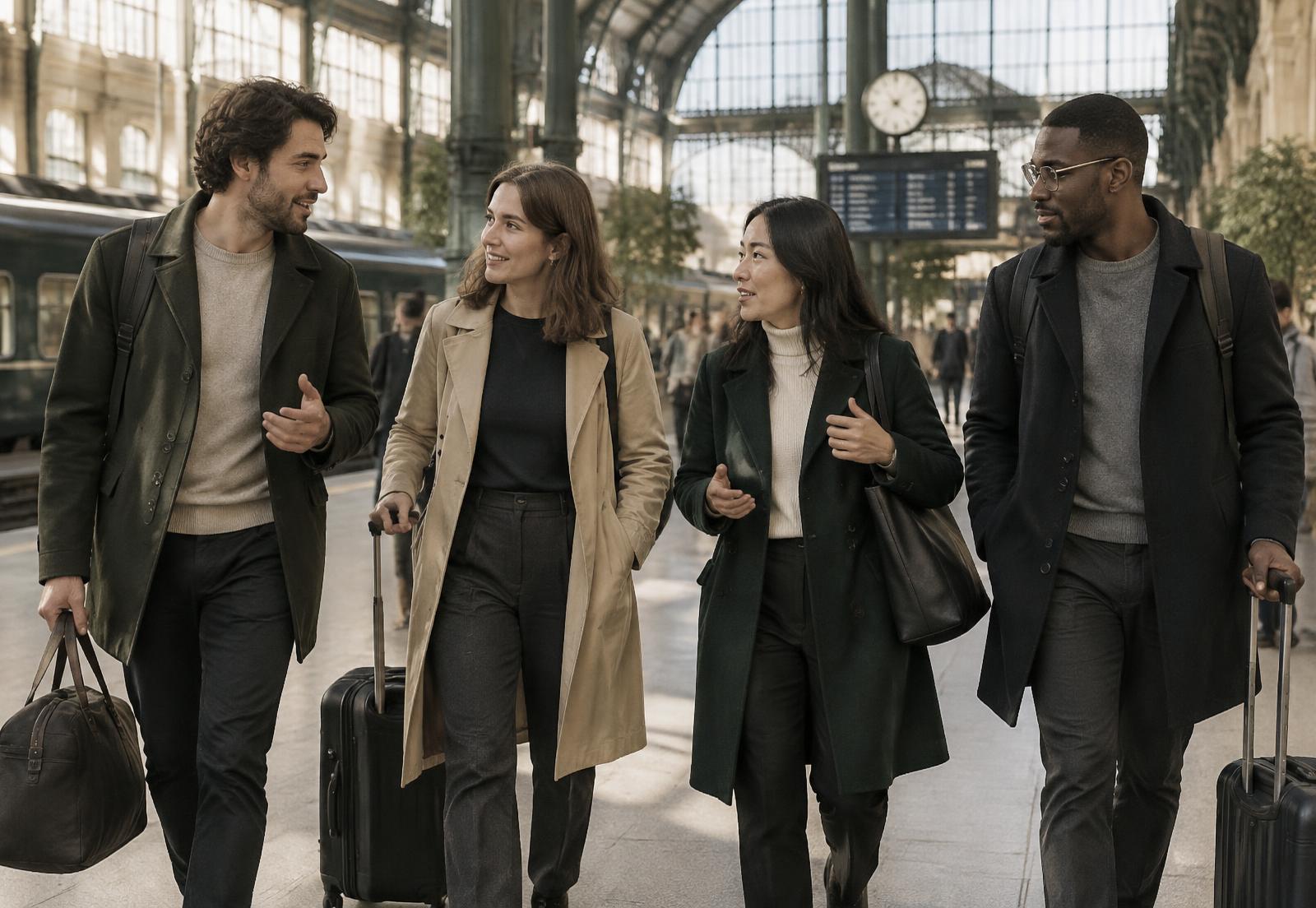 Equipo de trabajo caminando por una estación de tren durante un viaje de empresa