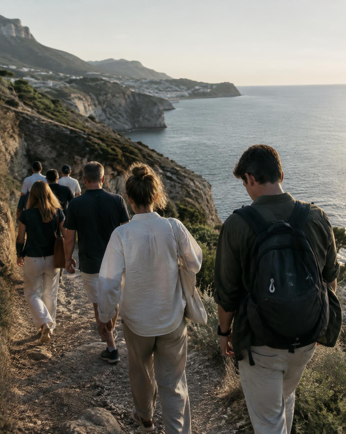 Grupo de compañeros caminando por un sendero junto al mar